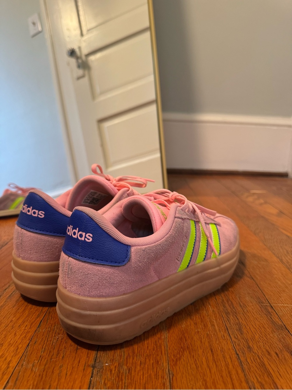 adidas Pink Suede Sneakers with Neon Green Stripes and Blue Heel Tab
